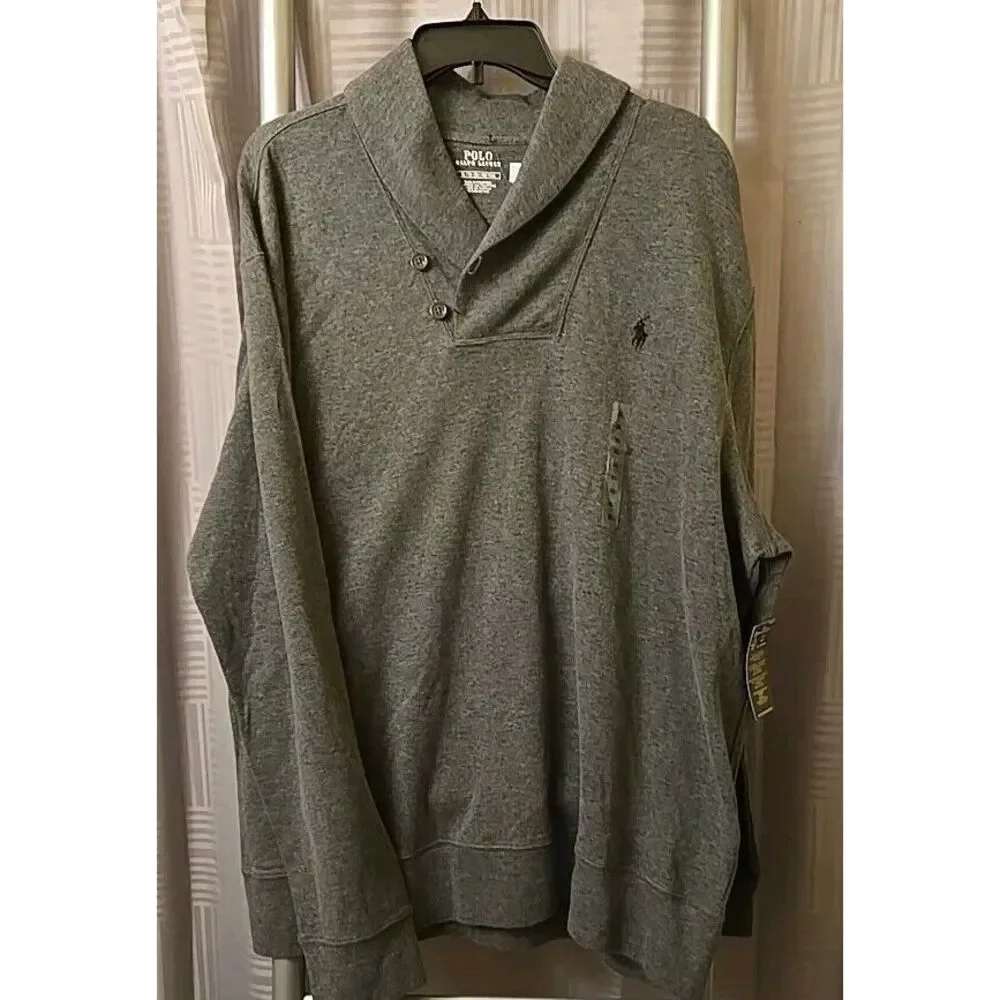 NWT POLO RALPH LAUREN Gray COTTON Blend SHAWL-COLLAR Men's Pullover‎ Sweater XL